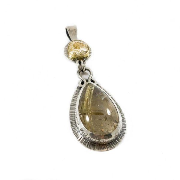The Elk and Owl Sterling Silver Pendant with Rutilated Quartz and Fossilized Coral Image 2 Lumina Gem Wilmington, NC