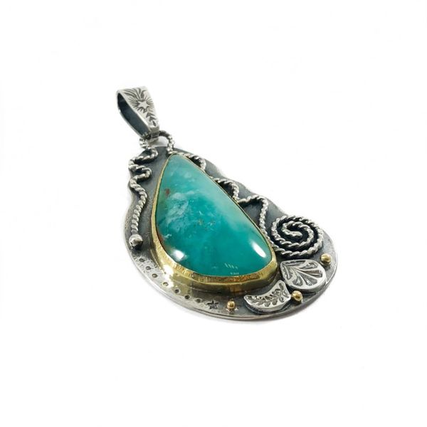 The Elk and Owl Sterling Silver Pendant with Peruvian Blue Opal and Yellow Gold Bezel Image 2 Lumina Gem Wilmington, NC