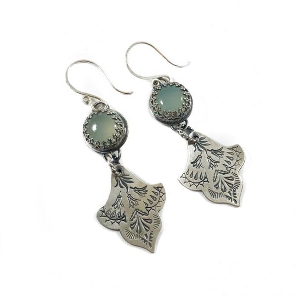The Elk and Owl Sterling Silver Earrings with Chalcedony Stones Lumina Gem Wilmington, NC
