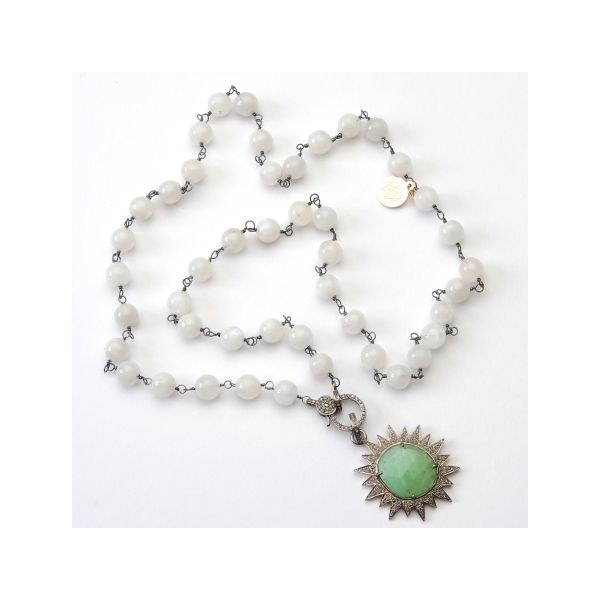 Wendy Perry Designs Moonstone, Chryophrase, and Diamonds Ipanema Necklace - Oxidized Sterling Silver - 31