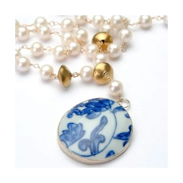 Wendy Perry Designs Freshwater Pearl, Brass, and Chinoiserie Pendant Beaufort Necklace - 22-23.5