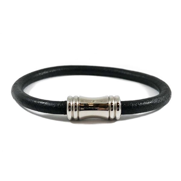 Black Leather Bracelet - Stainless Magnetic Clasp - 8