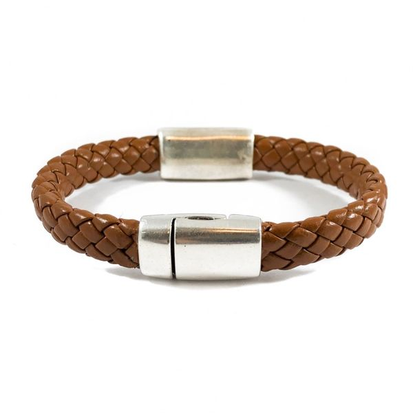 Braided Brown Leather Bracelet -Stainless Magnetic Clasp - 8