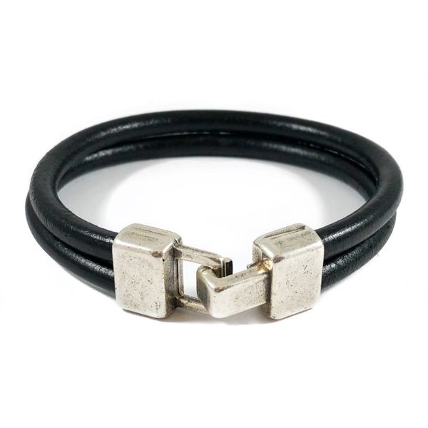 Double Row Black Leather Bracelet with Stainless Magnetic Clasp - 8