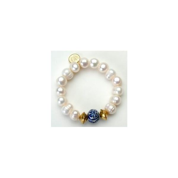 Wendy Perry Designs Freshwater Pearl, Brass, and Chinoiserie Bead Beaufort Bracelet Lumina Gem Wilmington, NC