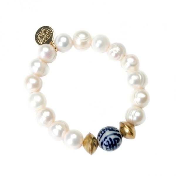 Wendy Perry Designs Freshwater Pearl, Brass, and Chinoiserie Bead Beaufort Bracelet Lumina Gem Wilmington, NC