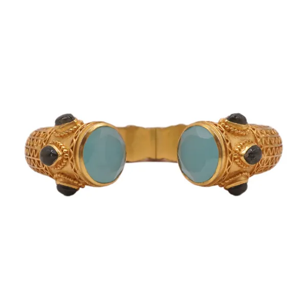 Julie Vos 24k Plated Brass Hinged Bangle with Grey and Aqua Stones Lumina Gem Hampstead, NC