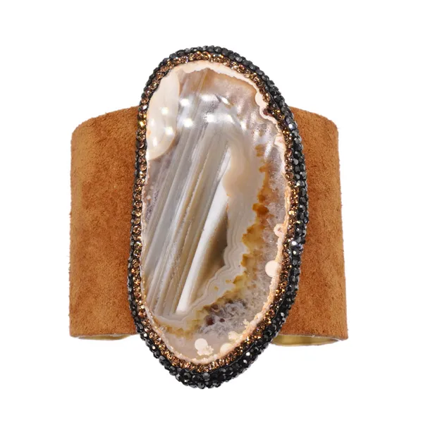 Elisabeth Pohle Designs Brown Suede Cuff with Tan Agate Lumina Gem Hampstead, NC