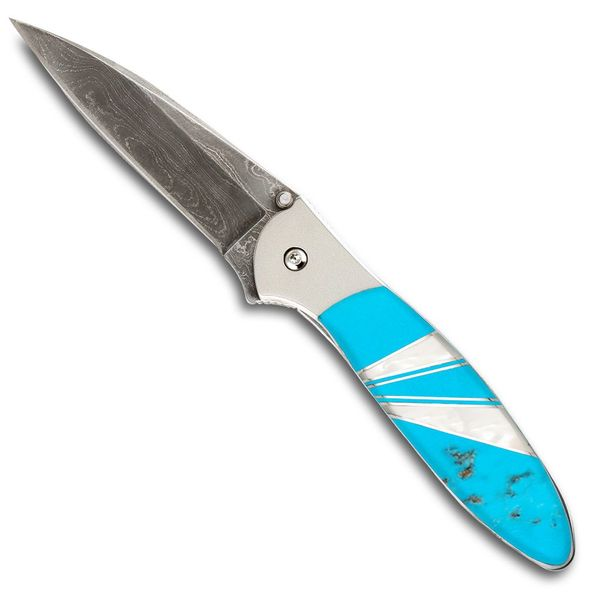 Turquoise and mother of pearl Kershaw Demascus knife from Santa Fe Stoneworks. Lumina Gem Wilmington, NC