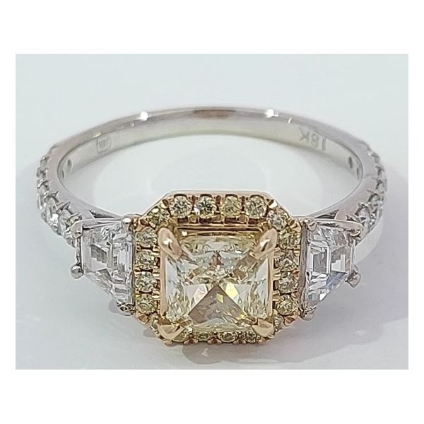 Exquisite Radiant Yellow Diamond Engagement Ring Featuring Trapezoid Diamonds & Diamond Halo MarBill Jewelers Belle Vernon, PA