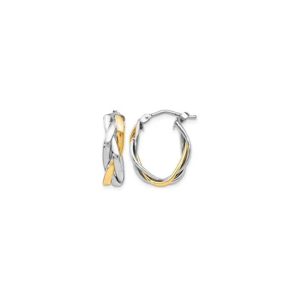 10K White Rhodium Plated Braided Hoop Earrings with Rose Gold Accent – Elegant Two-Tone MarBill Jewelers Belle Vernon, PA