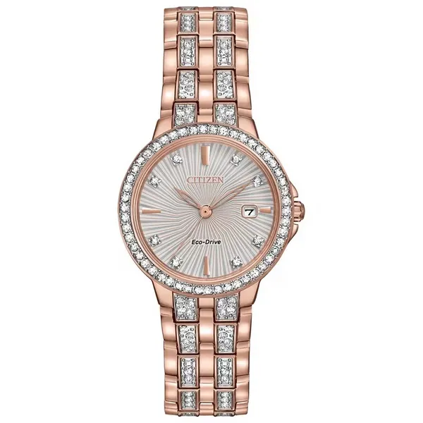 Ladies’ Eco-Drive WR Stainless Steel Bracelet Watch – Silver & Rose with Crystals MarBill Jewelers Belle Vernon, PA