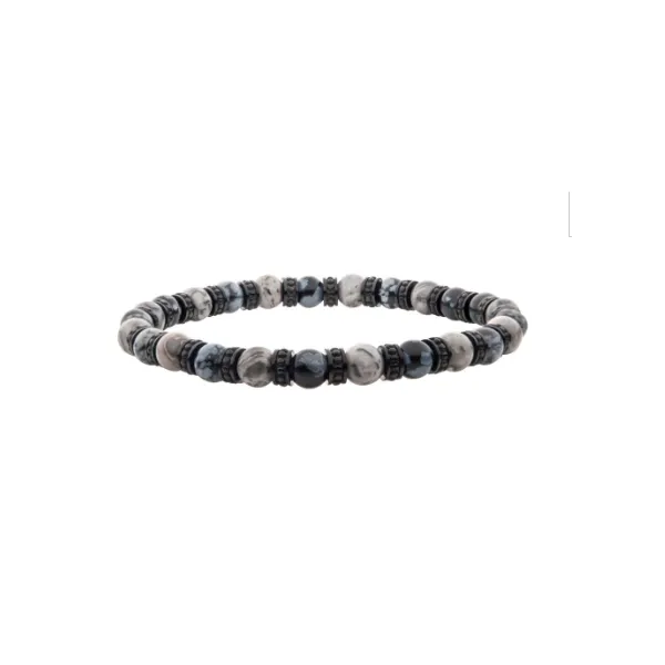 Men's Black Steel Disks Alternating with Genuine Grey Jasper & Snowflake Obsidian Stone Beads MarBill Jewelers Belle Vernon, PA