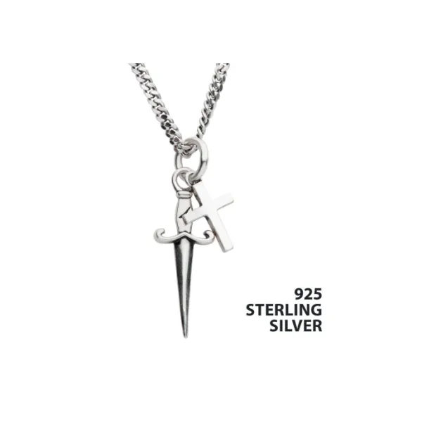 Men's 925 Silver Oxidized Dagger & Cross Duo Pendant with Curb Chain MarBill Jewelers Belle Vernon, PA