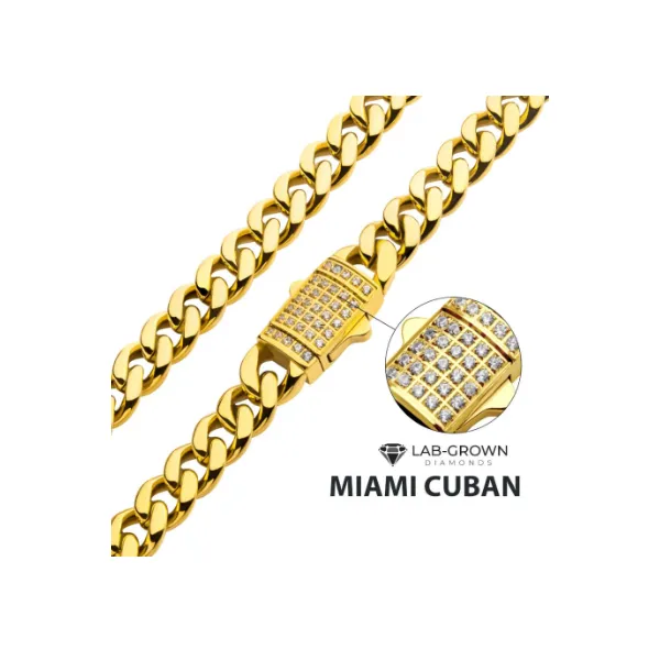 Men's 18Kt Gold IP Miami Cuban Chain Necklace with Lab-Grown Diamonds MarBill Jewelers Belle Vernon, PA