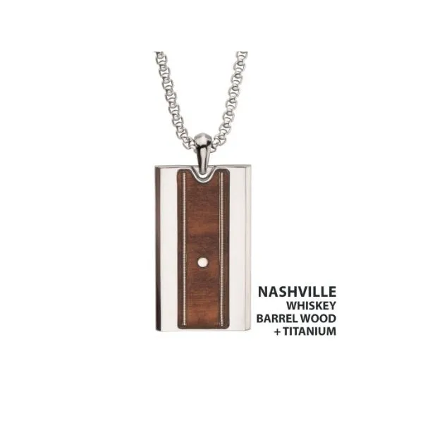 Men's Titanium & Whiskey Barrel Wood Inlay with Embedded Guitar String Pendant MarBill Jewelers Belle Vernon, PA