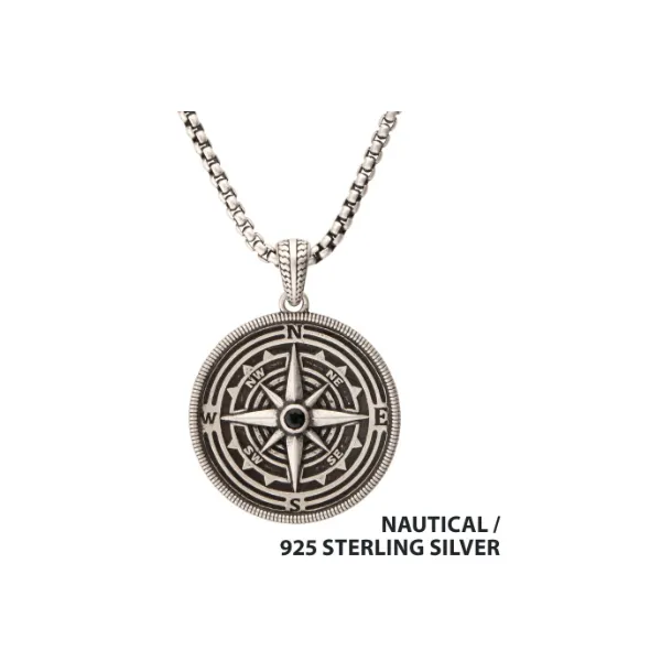 Sterling Silver Compass Pendant w/ Black Spinel & 22