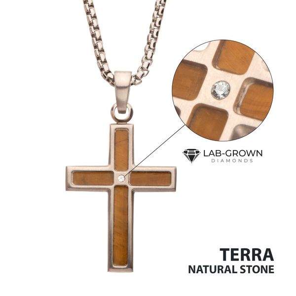 Men's Matte Finish Stainless Steel Tiger Eye Stone Inlay with Lab-Grown Diamond Cross Pendant. MarBill Jewelers Belle Vernon, PA