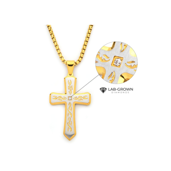 Men's Stainless Steel 18Kt Gold IP Tribal Cross Pendant w/ Lab-Grown Diamond & 24