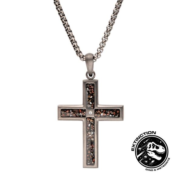 Men’s Gun Metal IP Steel Dinosaur Bone Inlay Cross Pendant with CZ – 24