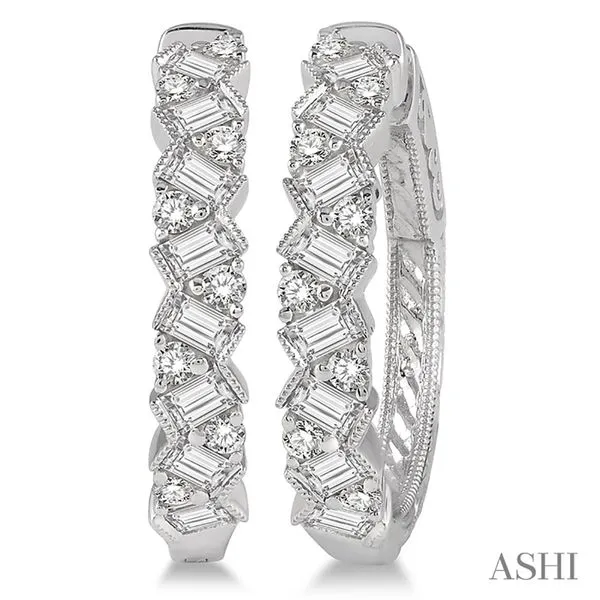 White 14 Karat Medium Hoop Earrings with Baguette & Round Diamonds - 1.06tw Marc Robinson Jewelers Round Rock, TX