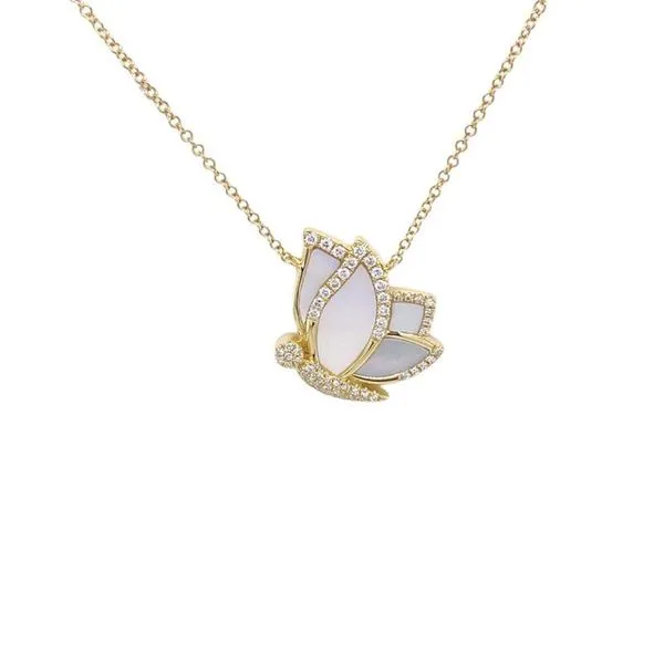 Lady's Yellow Polished 14 Karat Open Link Necklace with Round Diamonds & Mother of Pearls - 18