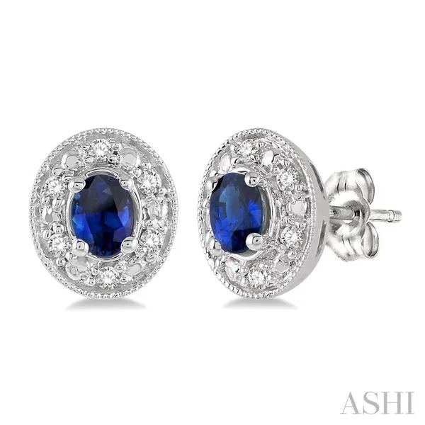 58198FSERSPWG Lady's White 14 Karat Stud Earrings with Round Diamonds and Oval Sapphires Marc Robinson Jewelers Round Rock, TX