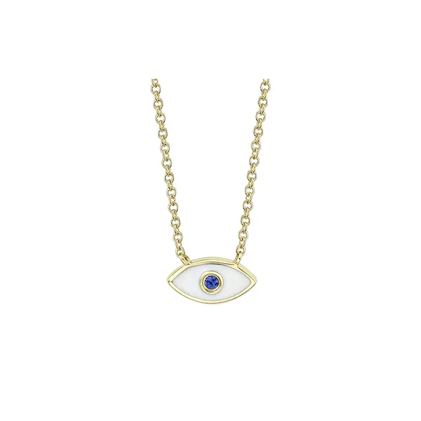 Shy Creation 14K Yellow Gold White Enamel & Blue Sapphire Evil Eye Pendant Necklace Marc Robinson Jewelers Round Rock, TX