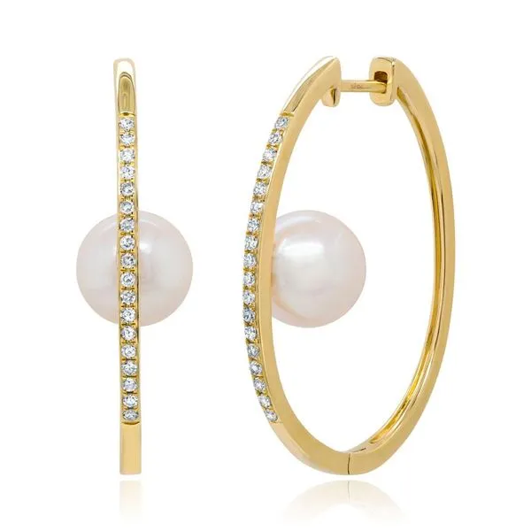 Lady's Yellow 14 Karat Medium Hoop Earrings with Diamonds & Pearls Marc Robinson Jewelers Round Rock, TX