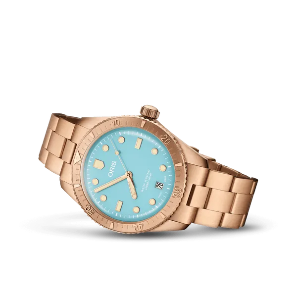 Oris Divers Sixty-Five 38mm Midsize Watch – Cotton Candy Blue, Bronze Case & Bracelet Marc Robinson Jewelers Round Rock, TX