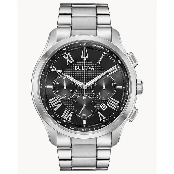 Bulova Classic Chronograph Black Dial Men’s Watch 96B288 – Stainless Steel, Tachymeter Marc Robinson Jewelers Round Rock, TX