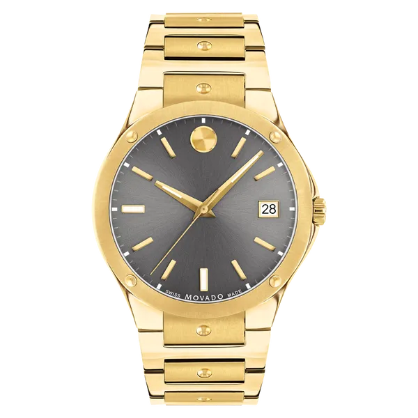 Movado SE Quartz Men's Watch 0607707 | Yellow Gold PVD & Grey Sunray Dial Marc Robinson Jewelers Round Rock, TX