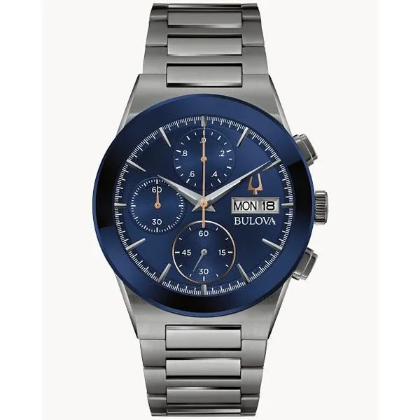 Men's Bulova Modern Millenia Grey Chronograph Watch with Blue Dial Marc Robinson Jewelers Round Rock, TX