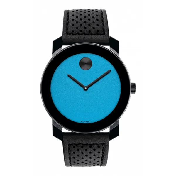 Movado Men's Bold Round Blue Watch | 42mm Blue Dial, Black Leather Strap Marc Robinson Jewelers Round Rock, TX