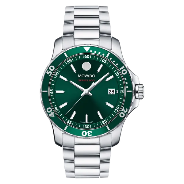 Movado Series 800 Swiss Quartz Green Dial Men's Watch | Water-Resistant, Date Display, Silver Steel Bracelet Marc Robinson Jewelers Round Rock, TX