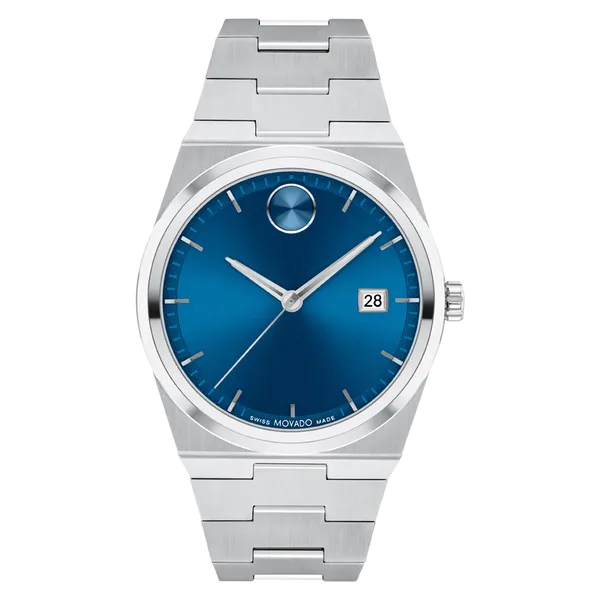 Movado BOLD Quest 40mm Swiss Quartz Watch for Men & Women | Stainless Steel Bracelet, Blue Dial Marc Robinson Jewelers Round Rock, TX