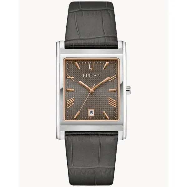 Bulova Sutton Men’s Watch – Grey Dial, Leather Strap, Classic Rectangular Design Marc Robinson Jewelers Round Rock, TX