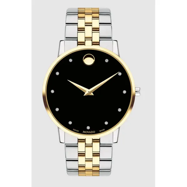 Movado Museum Classic 0607202 Men's Watch | Yellow Gold PVD Stainless Steel, Diamond Markers, Black Dial Marc Robinson Jewelers Round Rock, TX