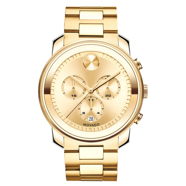 Movado Bold 44 mm Chronograph Gold Dial Stainless Steel Bracelet Marc Robinson Jewelers Round Rock, TX