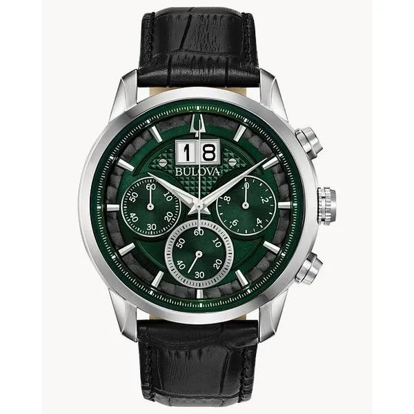 Bulova 96B310 44mm Chronograph Green Dial Stainless Steel Strap Watch Marc Robinson Jewelers Round Rock, TX