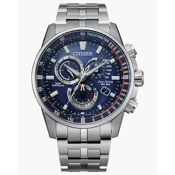 Citizen CB5880-54L 43mm Chronograph Blue Dial Stainless Steel Bracelet Watch Marc Robinson Jewelers Round Rock, TX