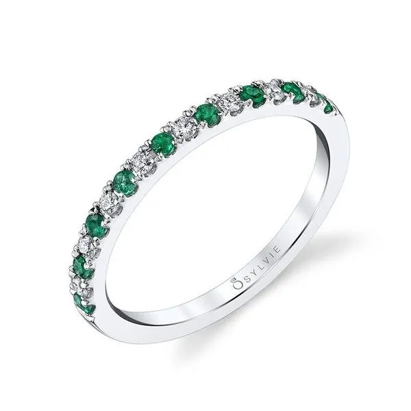 CLASSIC WHITE GOLD EMERALD & DIAMOND STACKABLE WEDDING BAND Mark Allen Jewelers Santa Rosa, CA
