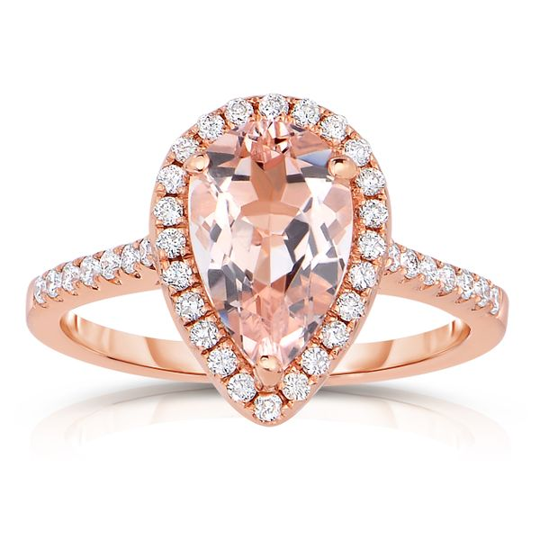 14k rose gold morganite & diamond halo ring Mark Allen Jewelers Santa Rosa, CA