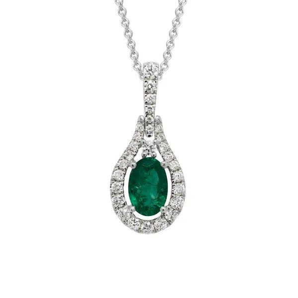 Oval cut Emerald and Diamond halo necklace Mark Allen Jewelers Santa Rosa, CA
