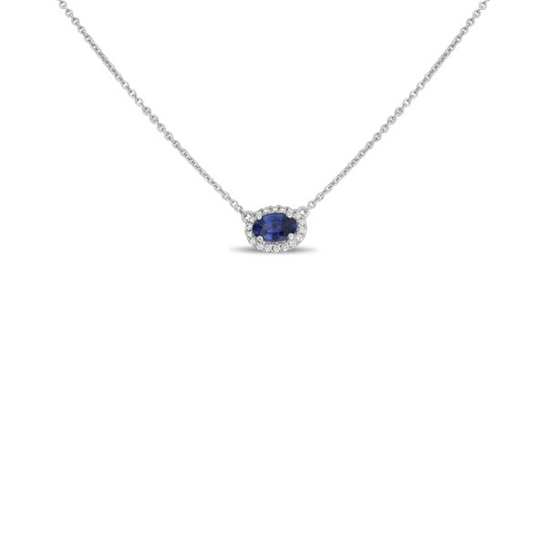 Oval Blue Sapphire & Diamond Halo Necklace Mark Allen Jewelers Santa Rosa, CA