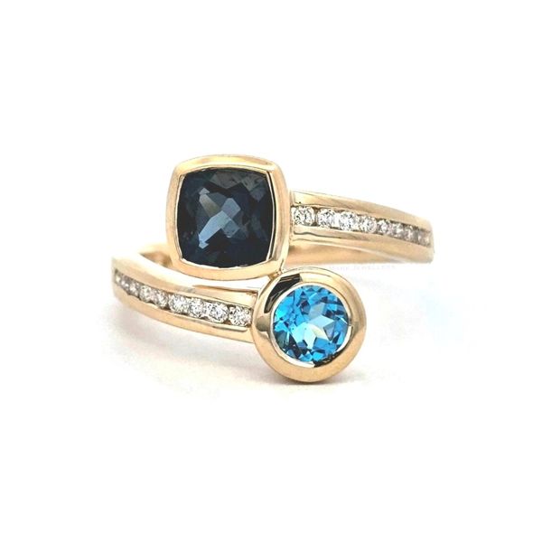 Yellow Gold Blue Topaz & Diamond Bypass Ring Mark Jewellers La Crosse, WI
