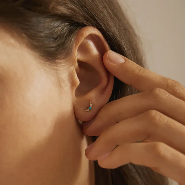 Yellow Gold Turquoise & White Sapphire Crescent Moon Earrings Image 3 Mark Jewellers La Crosse, WI