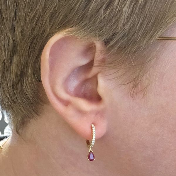 Yellow Gold Ruby & Diamond Hoop Earrings Image 3 Mark Jewellers La Crosse, WI