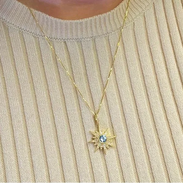 Yellow Gold Blue Topaz & Diamond Pendant Image 3 Mark Jewellers La Crosse, WI