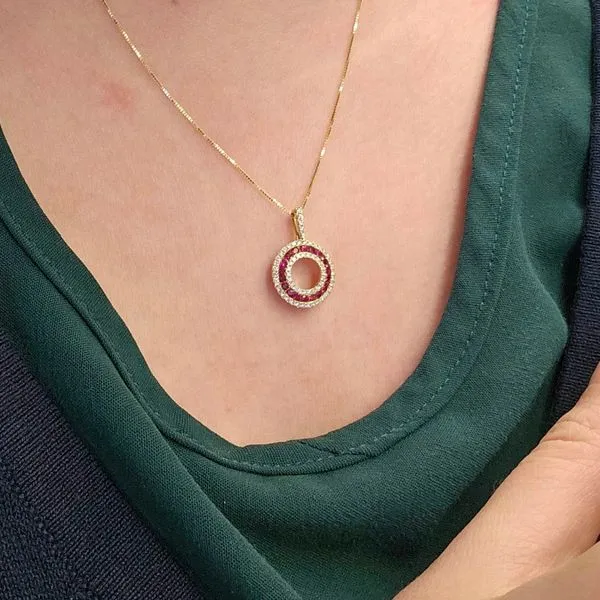 Yellow Gold Ruby & Diamond Circle Pendant Image 3 Mark Jewellers La Crosse, WI